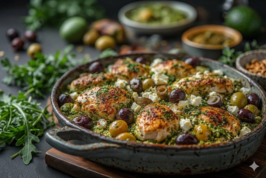 keto pesto chicken casserole with feta cheese and olives