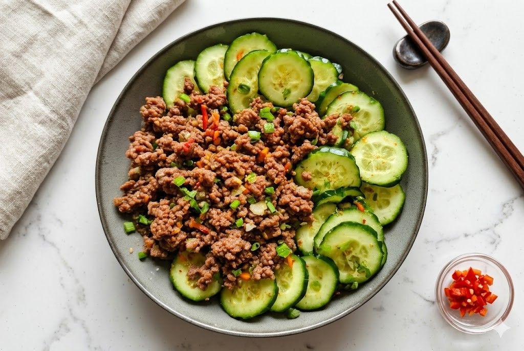 Spicy Keto Korean Ground Beef with Cucumber Salad