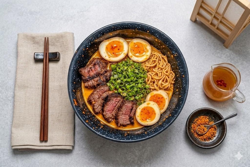 Spicy Korean Ramen with Grilled Beef & Creamy Sauce
