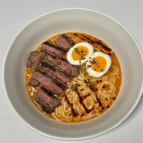 Spicy Korean Ramen with Grilled Beef & Creamy Sauce