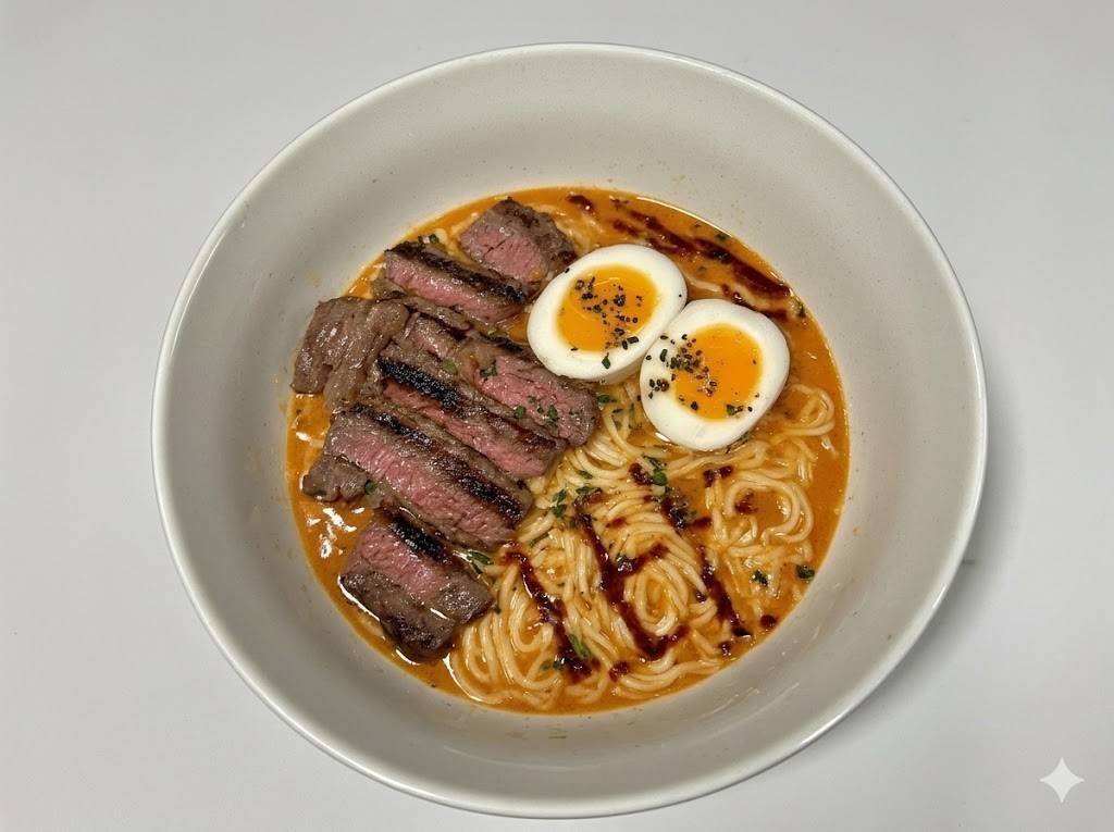 Spicy Korean Ramen with Grilled Beef & Creamy Sauce