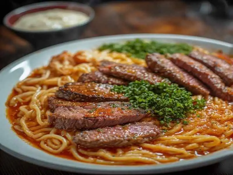 Spicy Korean Ramen with Grilled Beef & Creamy Sauce