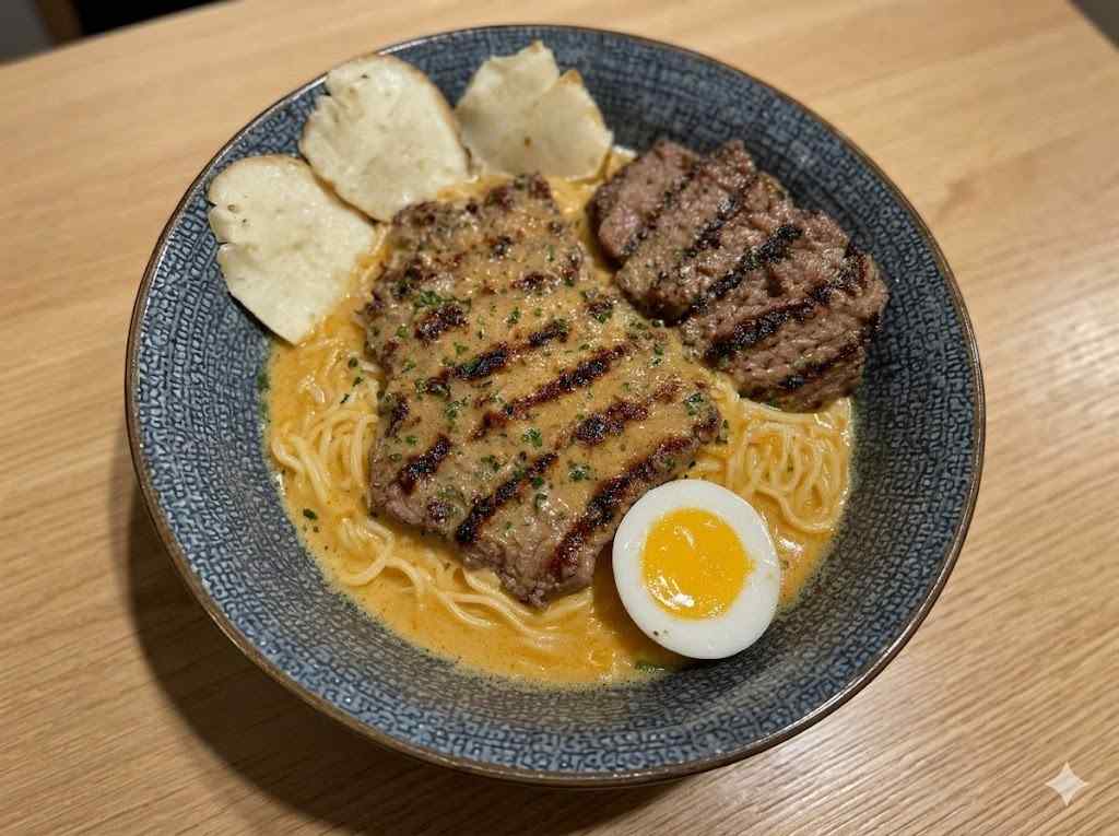 Spicy Korean Ramen with Grilled Beef & Creamy Sauce