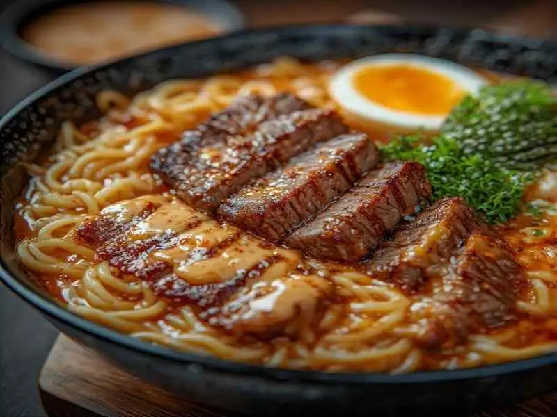 Spicy Korean Ramen with Grilled Beef & Creamy Sauce