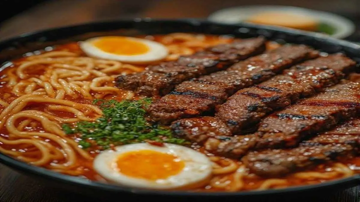 Spicy Korean Ramen with Grilled Beef & Creamy Sauce