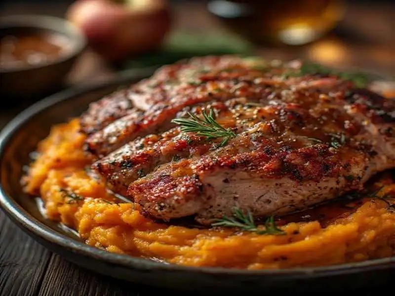 apple cider pork over mashed sweet potatoes
