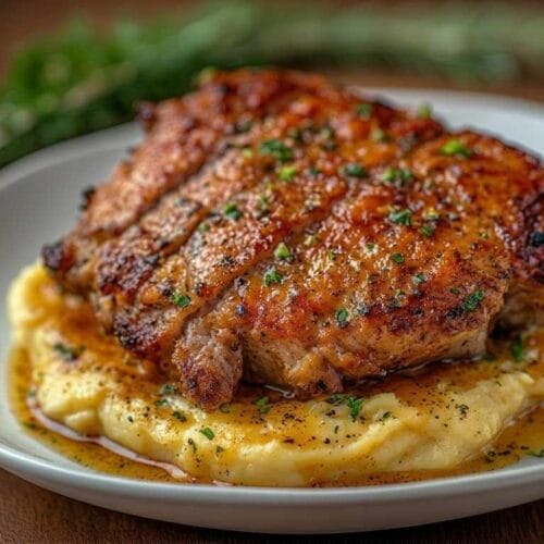 apple cider pork over mashed sweet potatoes
