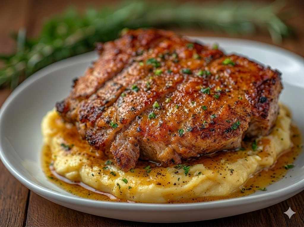 apple cider pork over mashed sweet potatoes