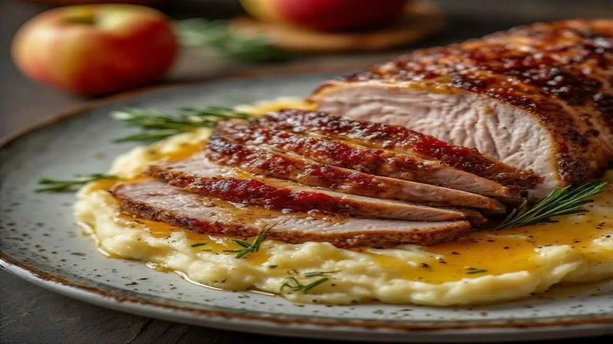 apple cider pork over mashed sweet potatoes