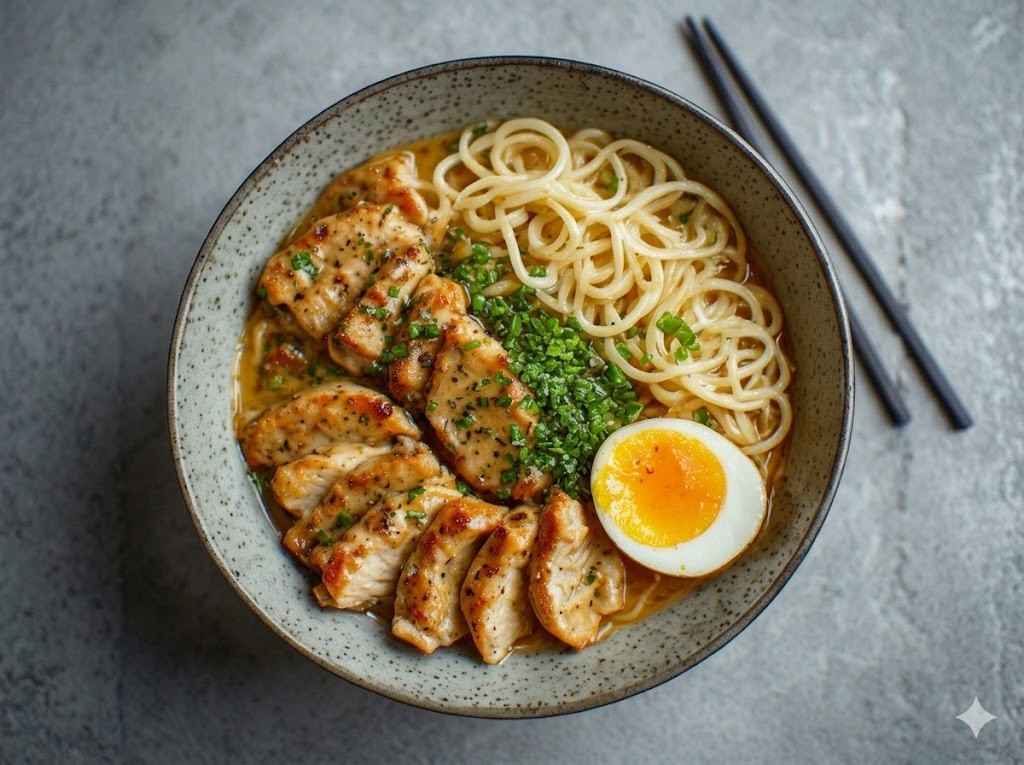 creamy garlic chicken ramen bowl