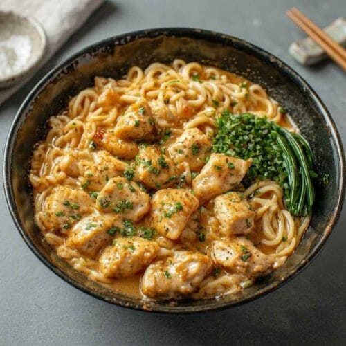 creamy garlic chicken ramen bowl
