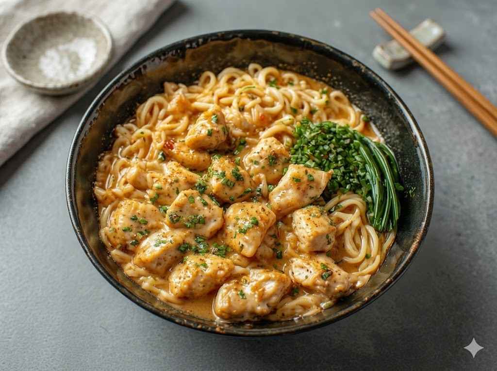 creamy garlic chicken ramen bowl