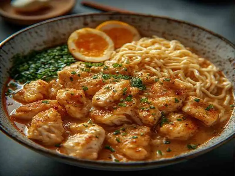 creamy garlic chicken ramen bowl