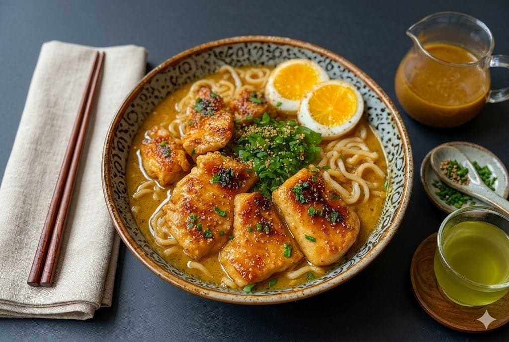creamy garlic chicken ramen bowl
