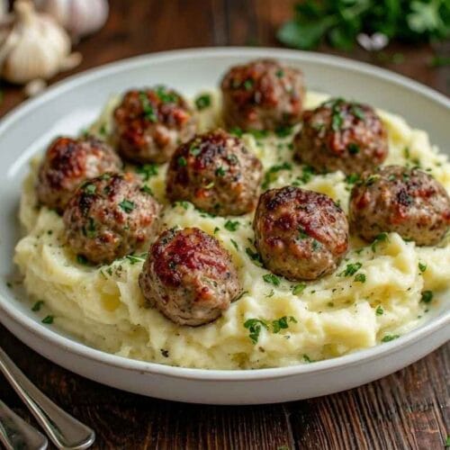 Salisbury Steak Meatballs with Garlic Herb Mashed Potatoes