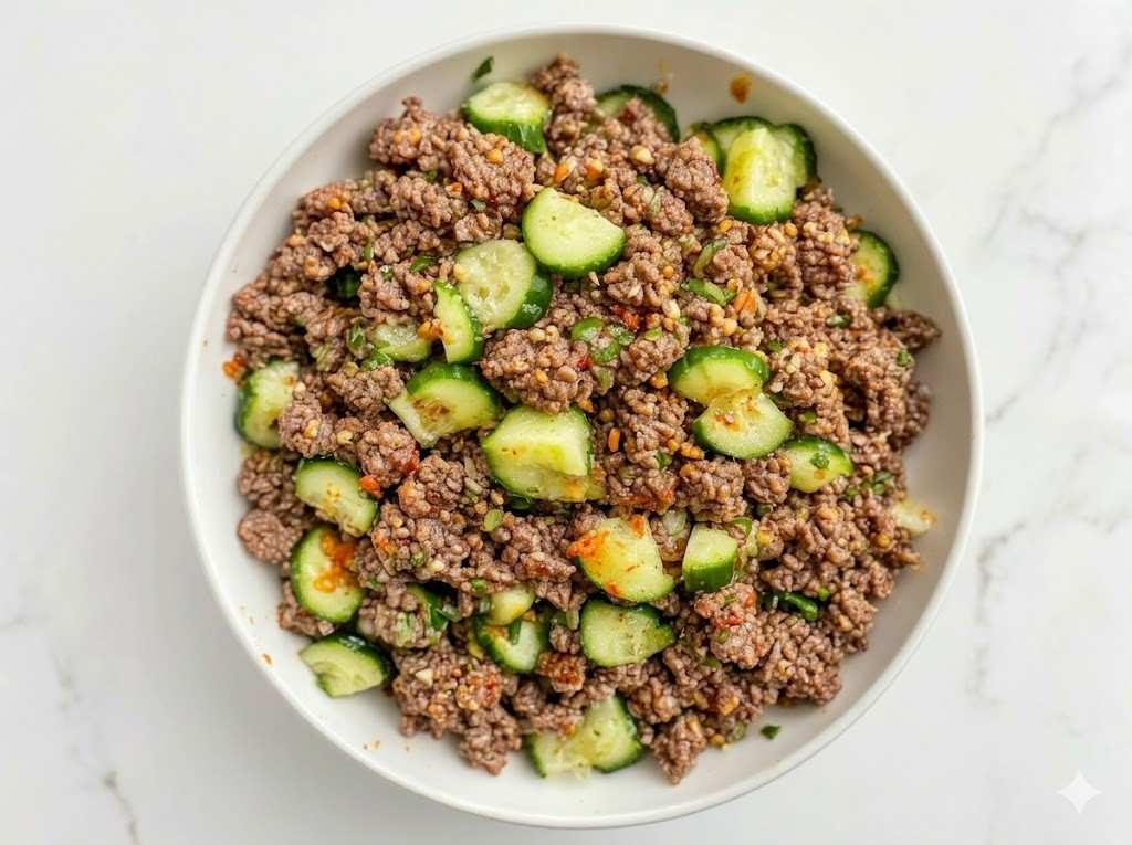 Spicy Keto Korean Ground Beef with Cucumber Salad