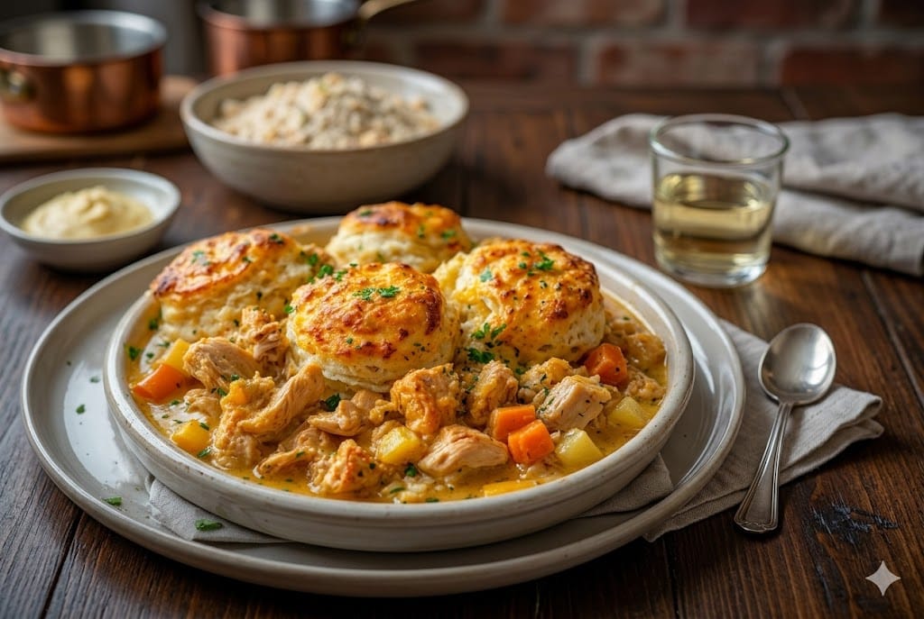 crockpot chicken and dumplings cheddar bay biscuits