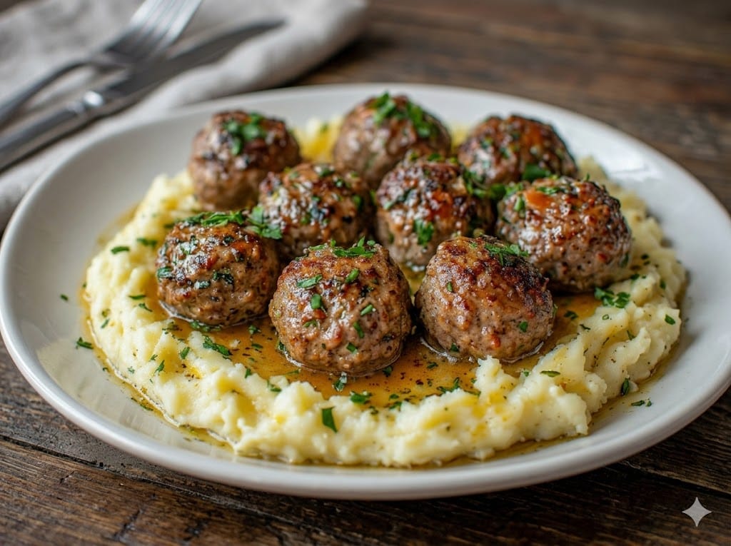 Salisbury Steak Meatballs with Garlic Herb Mashed Potatoes