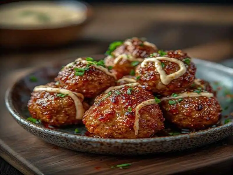 juicy Korean BBQ meatballs with spicy mayo sauce