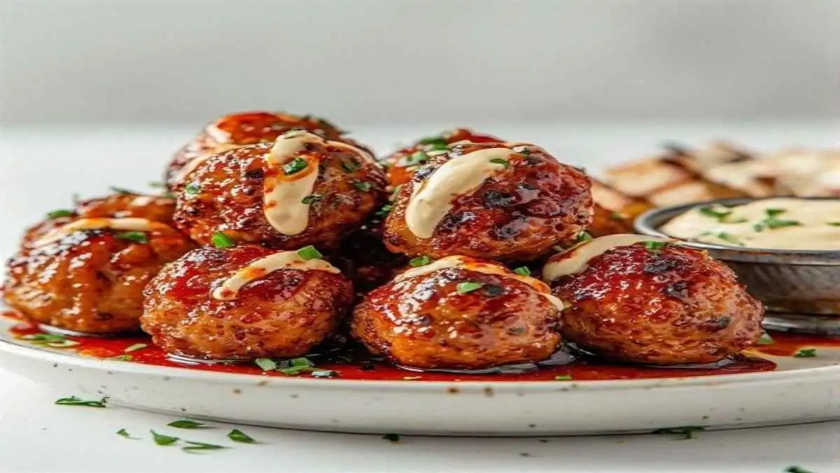 juicy Korean BBQ meatballs with spicy mayo sauce