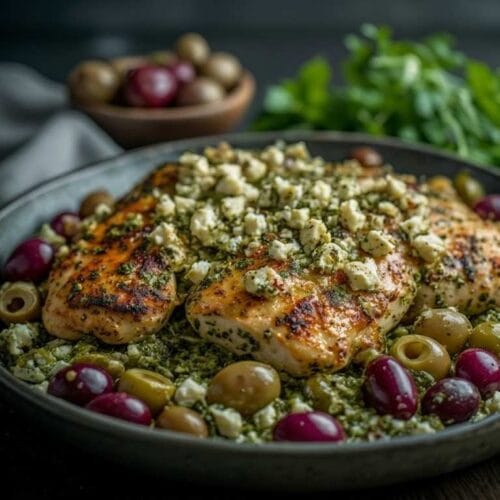 keto pesto chicken casserole with feta cheese and olives