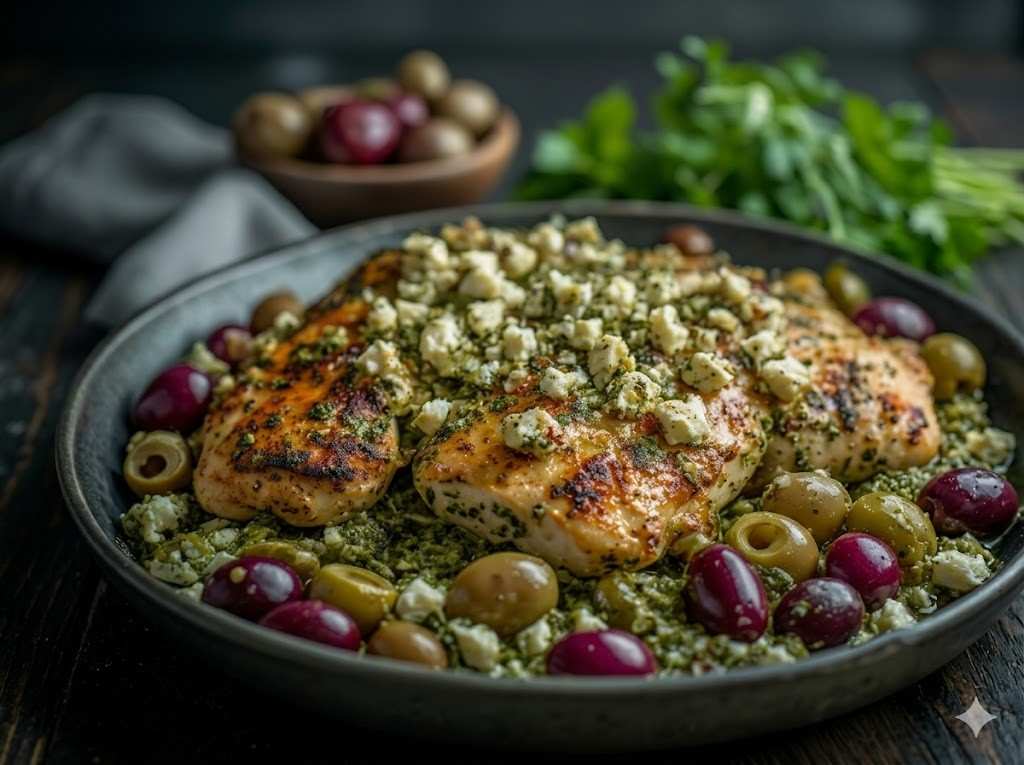 keto pesto chicken casserole with feta cheese and olives