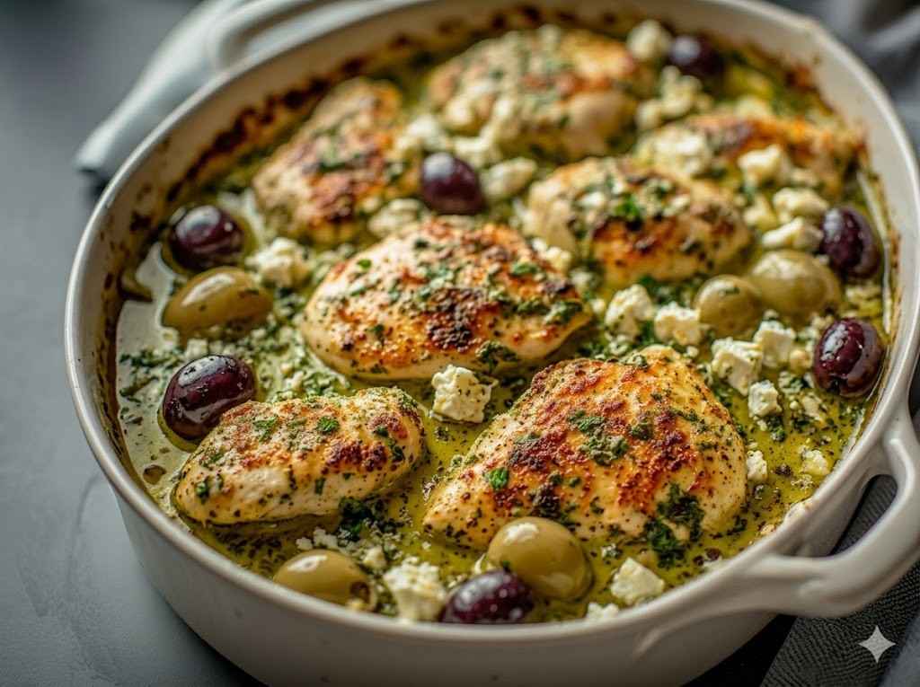 keto pesto chicken casserole with feta cheese and olives 