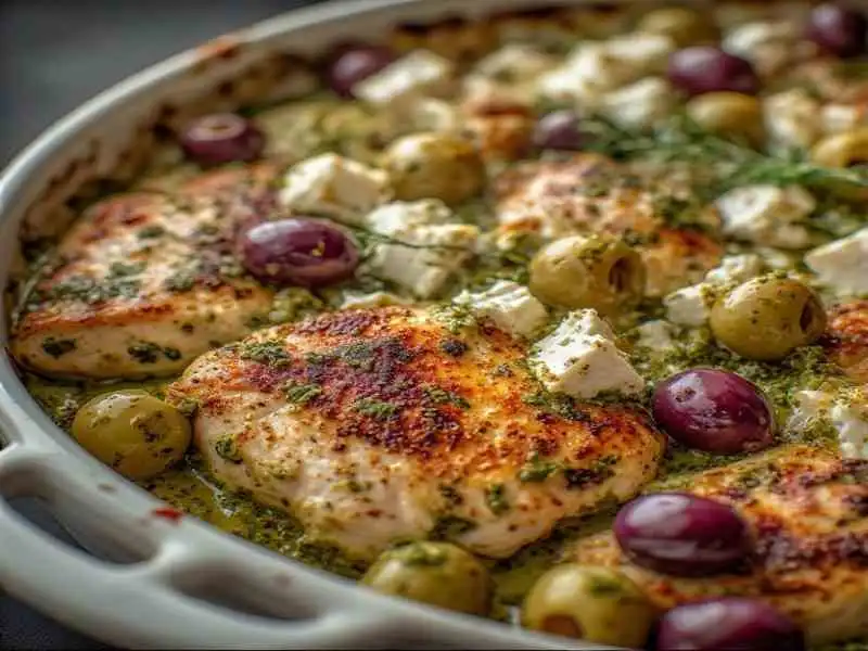 keto pesto chicken casserole with feta cheese and olives