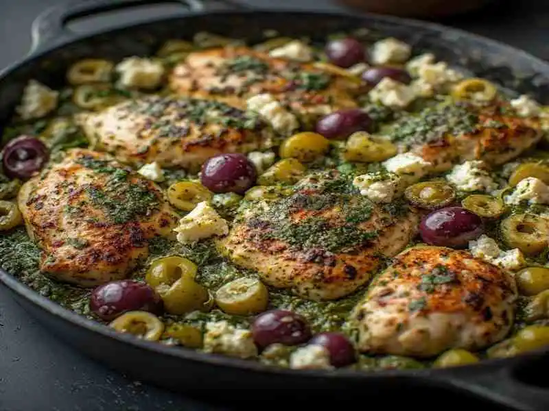 keto pesto chicken casserole with feta cheese and olives