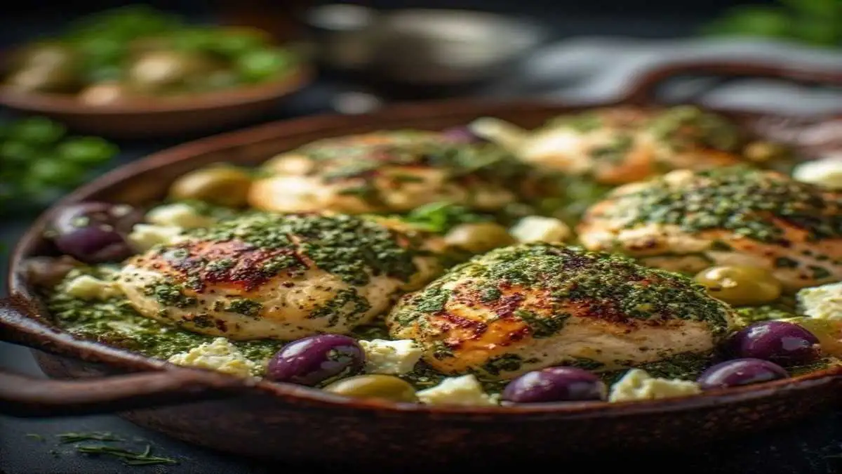 keto pesto chicken casserole with feta cheese and olives