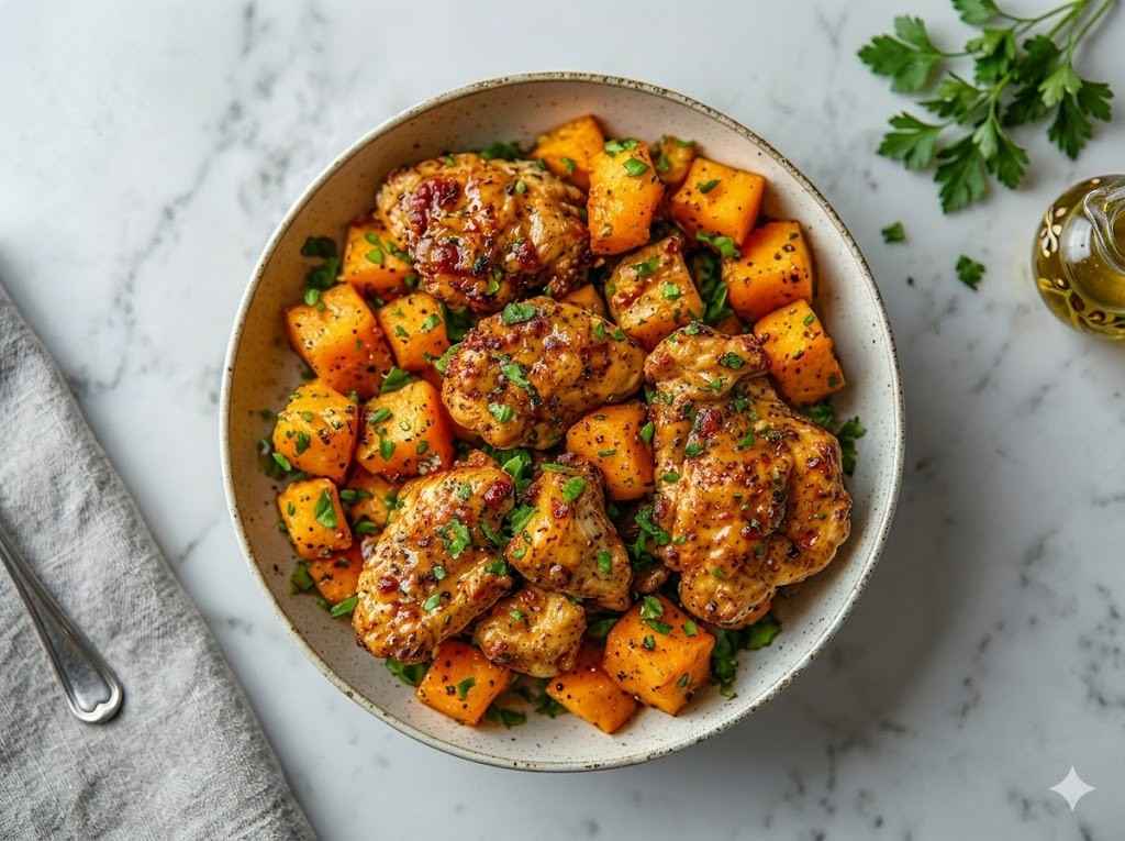 2 chicken breasts
2 medium sweet potatoes
3 tablespoons maple syrup
2 tablespoons Dijon mustard
3 cloves garlic (minced)
2 tablespoons olive oil
Salt to taste
Black pepper to taste
1 teaspoon paprika
2 cups cooked rice or quinoa
1 cup fresh greens
Optional vegetables (broccoli, avocado)
