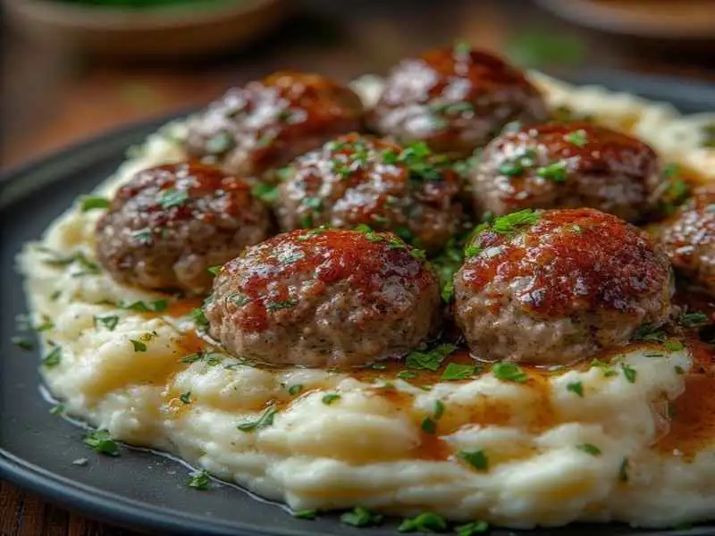 salisbury steak meatballs with garlic herb mashed potatoes