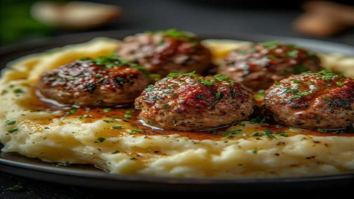 salisbury steak meatballs with garlic herb mashed potatoes