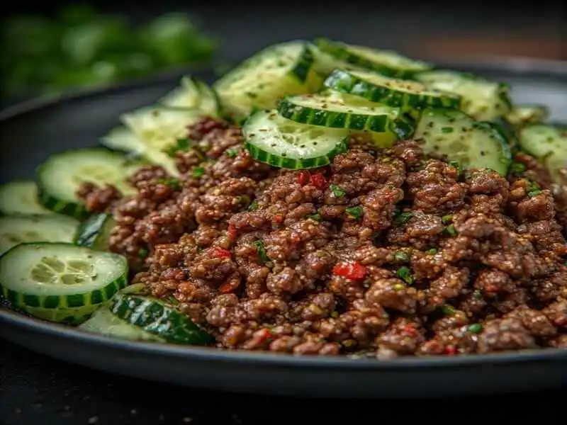 spicy keto korean ground beef with cucumber salad
