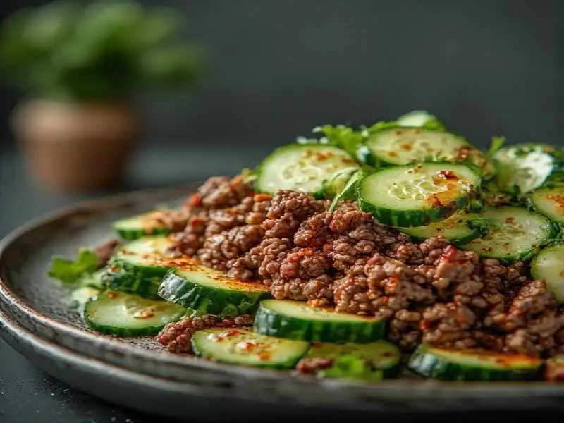 spicy keto korean ground beef with cucumber salad