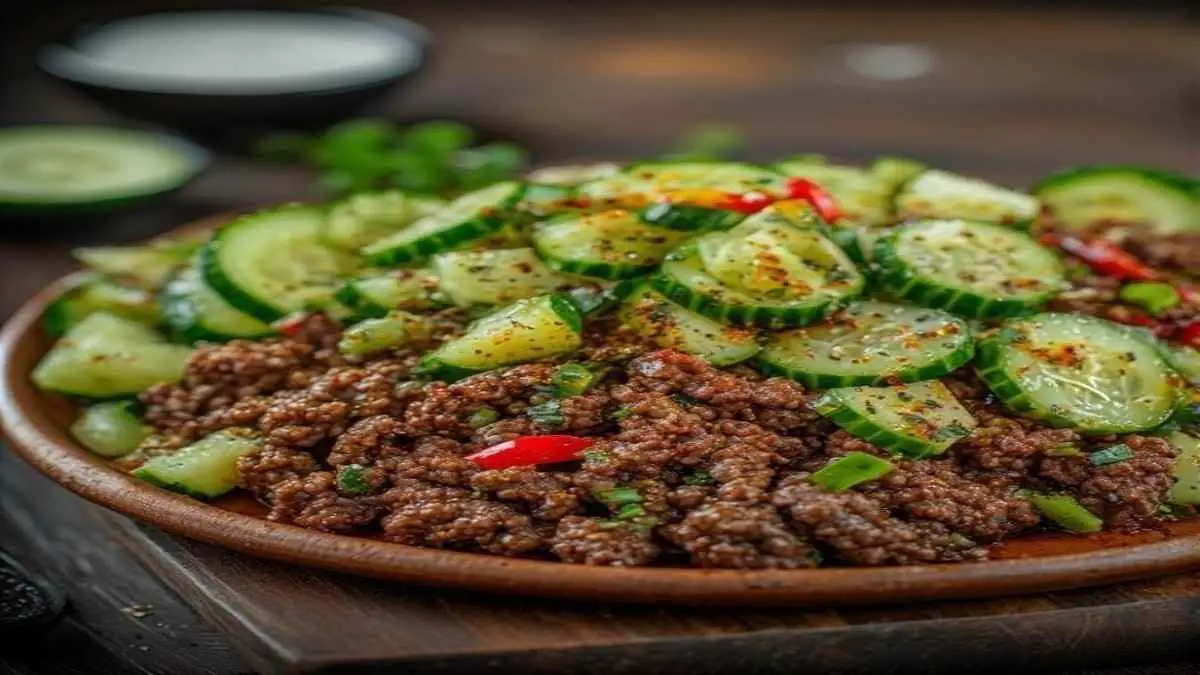 spicy keto korean ground beef with cucumber salad