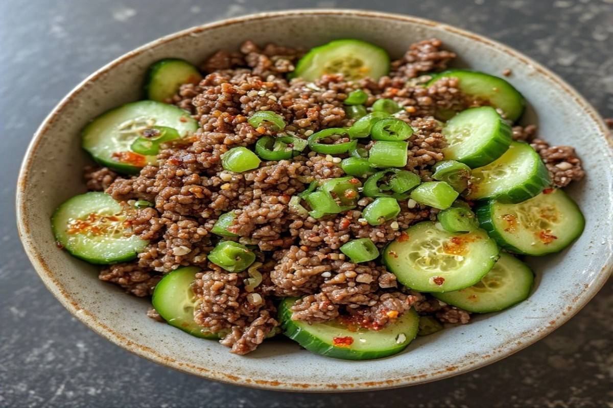 spicy keto korean ground beef with cucumber salad