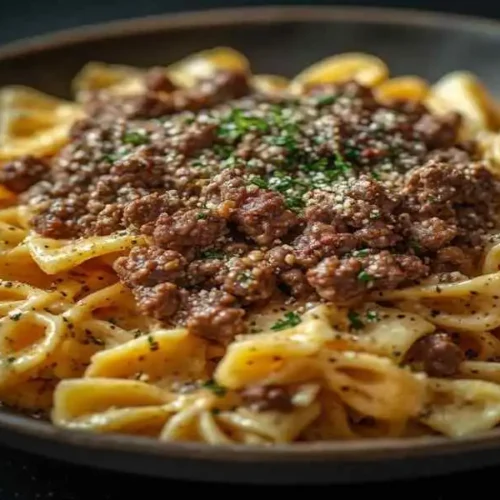 creamy beef bowtie pasta with garlic parmesan sauce