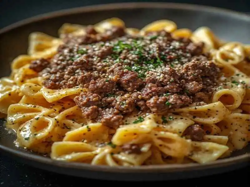 creamy beef bowtie pasta with garlic parmesan sauce