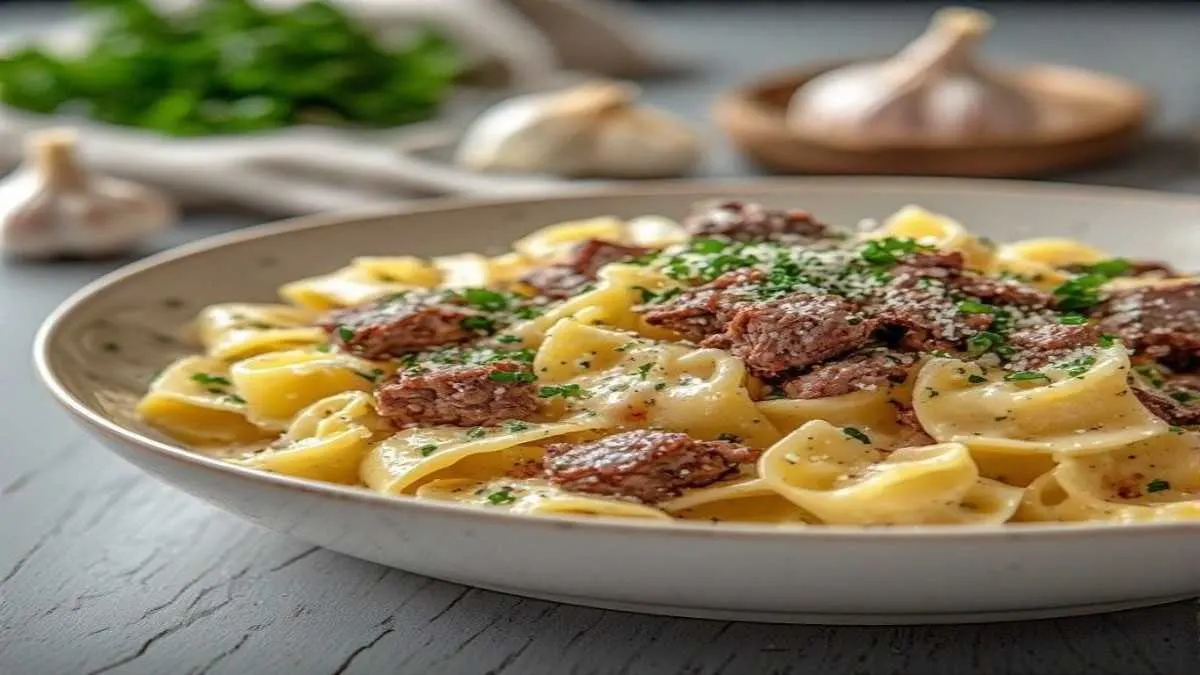 creamy beef bowtie pasta with garlic parmesan sauce