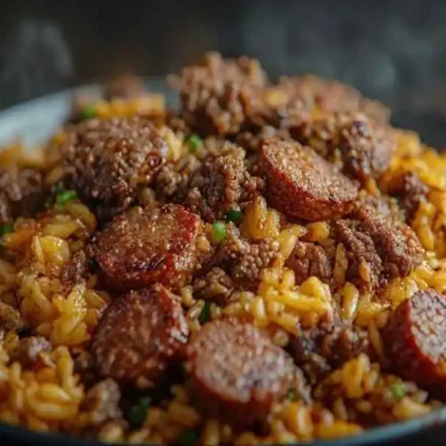 dirty rice with ground beef and smoked sausage