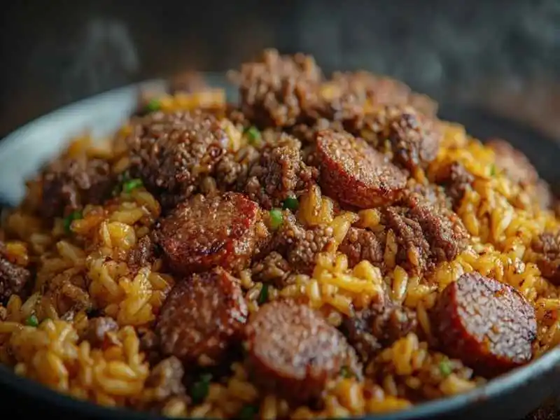 dirty rice with ground beef and smoked sausage