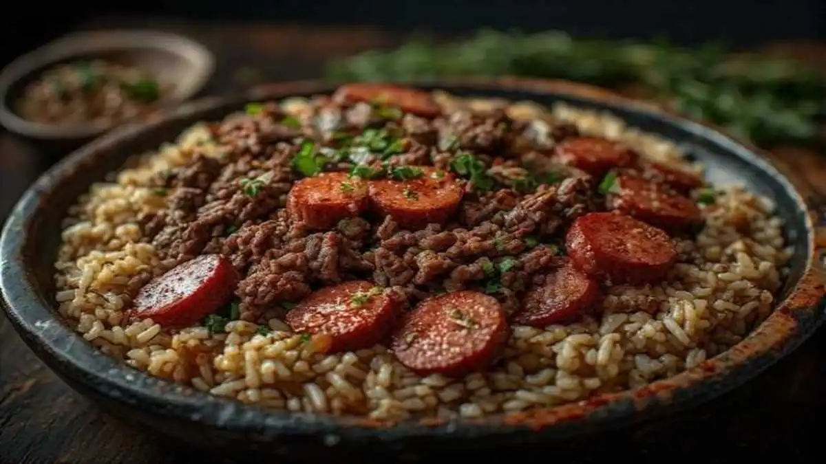 dirty rice with ground beef and smoked sausage