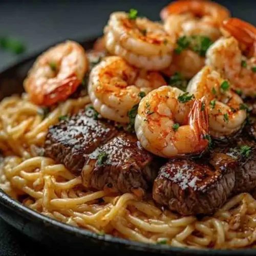 garlic butter steak and shrimp stir fry noodles