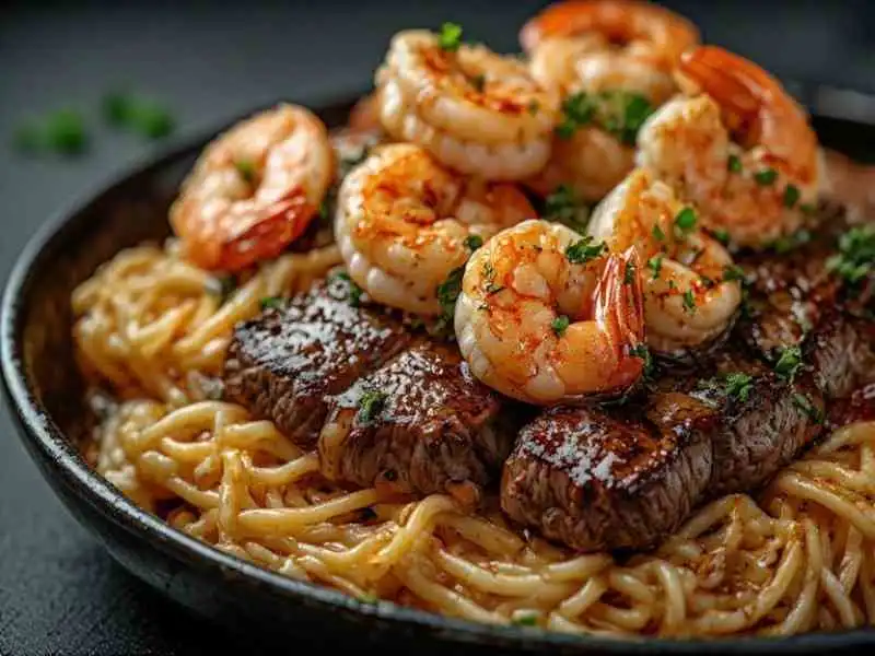 garlic butter steak and shrimp stir fry noodles