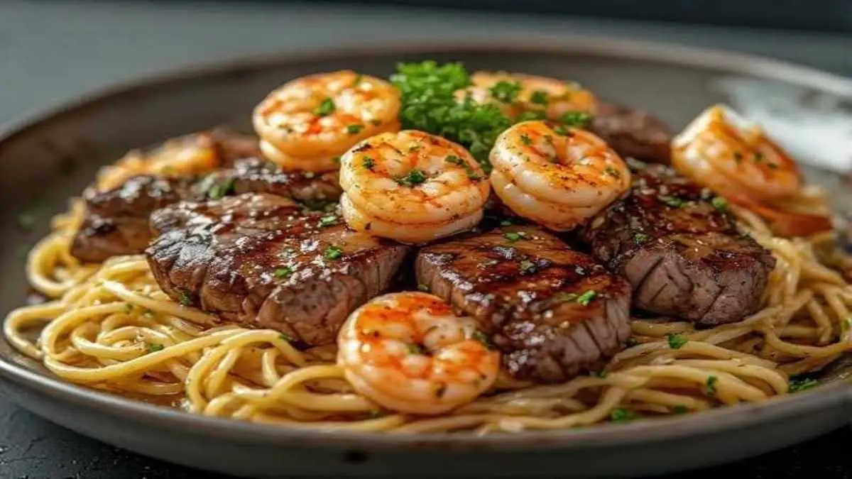 garlic butter steak and shrimp stir fry noodles