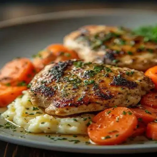 garlic herb chicken with mashed potatoes & glazed carrots