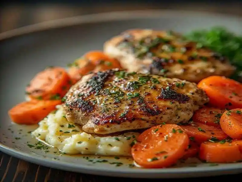 garlic herb chicken with mashed potatoes & glazed carrots