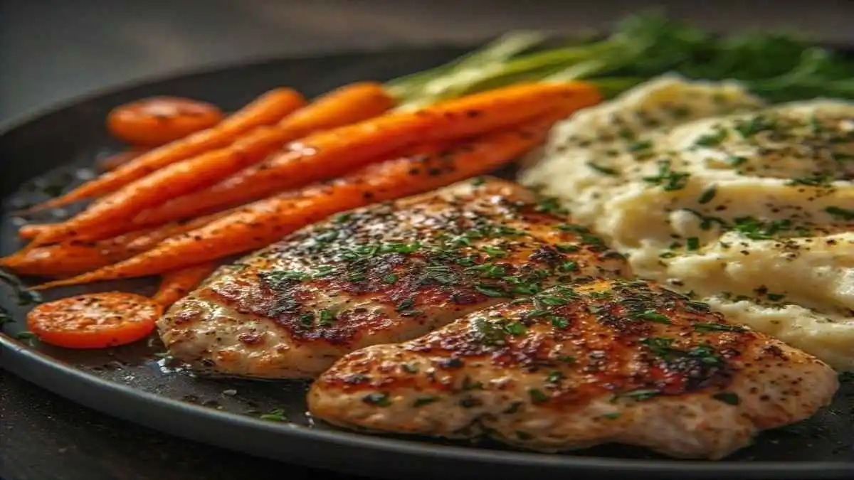 garlic herb chicken with mashed potatoes & glazed carrots