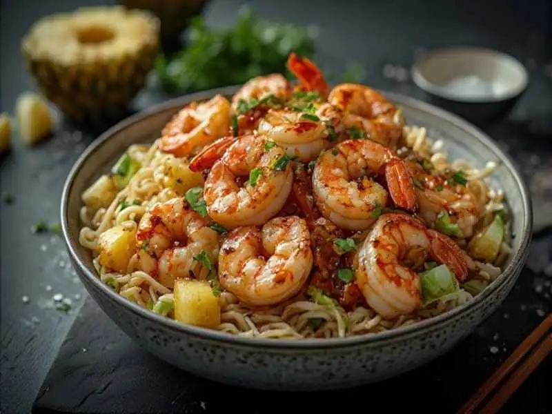 Hoisin Shrimp Pineapple & Cabbage Stir-Fry with Rice Noodles